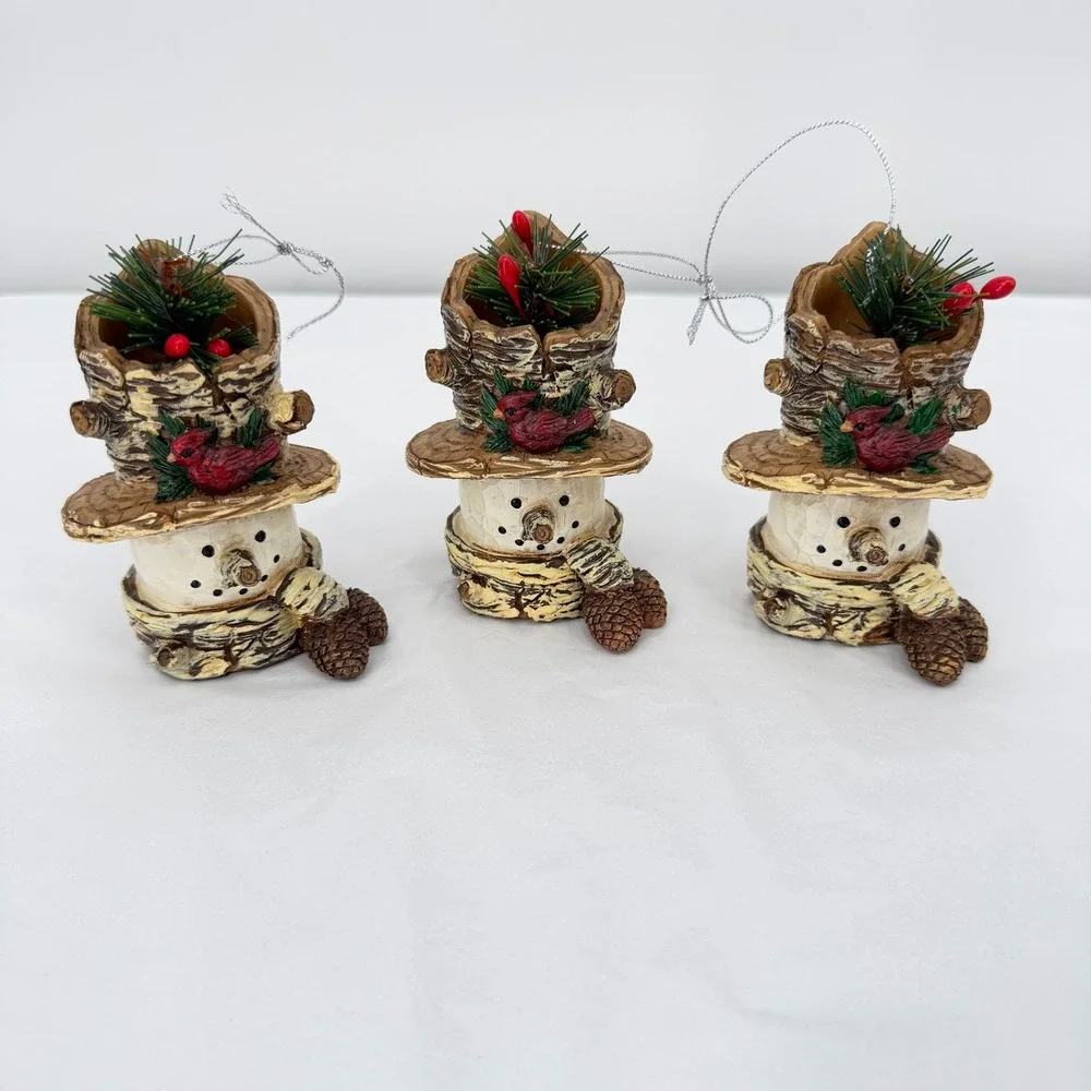 Snowman Christmas Holiday Ornaments Birch Bark‎ Cardinal Pinecone Rustic 3pc Set